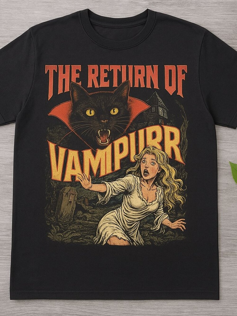 The Return of Vampurr Retro Horror Cat Graphic Tee Black